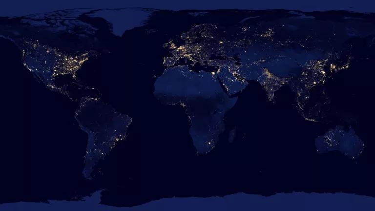 A composite image showing the extent of nighttime electric lighting across the world.
