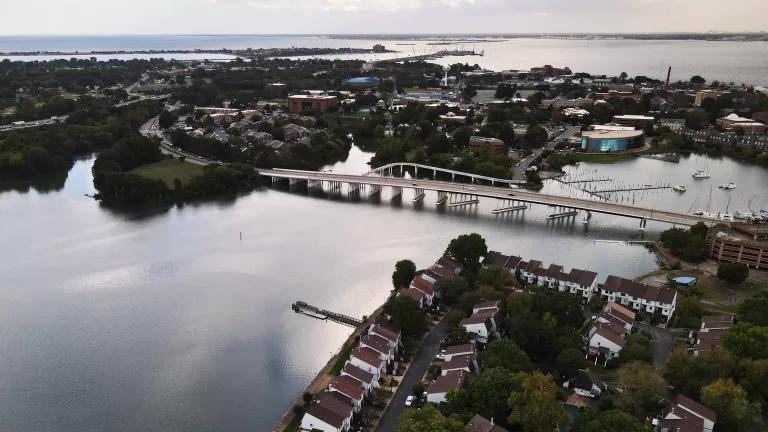 Aerial view of downtown Hampton, Virginia along the Hampton River after heavy flooding and high winds from inclement weather on Oct. 29, 2021.