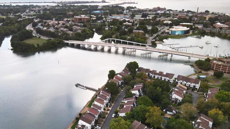 Aerial view of downtown Hampton, Virginia along the Hampton River after heavy flooding and high winds from inclement weather on Oct. 29, 2021.