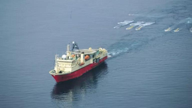 An industry ship towing an array of seismic airguns.  Credit: Petroleum Geo-Services.