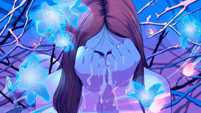 An illustration of a woman holding her head in her hands with tree blooms and branches surrounding her