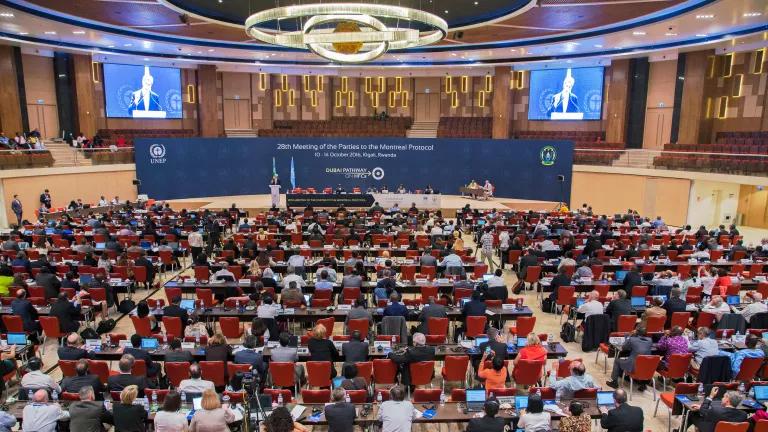 U.S. Secretary of State John Kerry delivers a speech at the High-Level Segment of the 28th meeting of the Parties to the Montreal Protocol (MOP28) in Kigali, Rwanda, on October 14, 2016.Envoys from nearly 200 nations are in the capital to work on an agreement to phase out hydrofluorocarbons (HFCs). Halting the use of HFCs is crucial to meeting the goals to curb the rise of global temperatures agreed in a historic accord signed in Paris the previous year.
