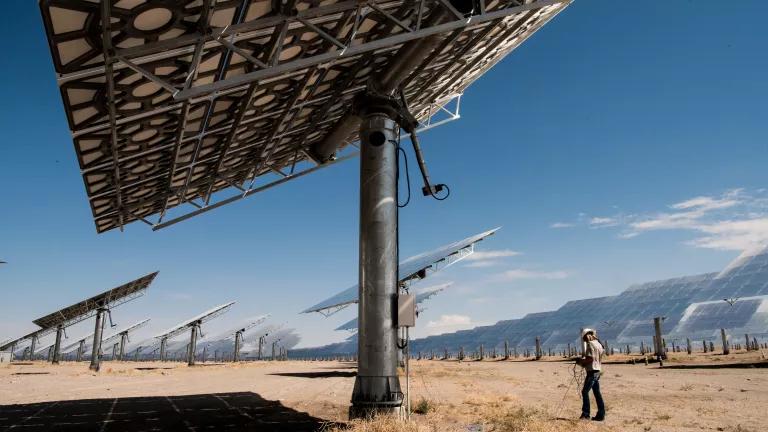 An employee running diagnostics on heliostats at the Crescent Dunes Solar Thermal Facility in Tonapah, Nevada, on July 23, 2017. 

The facility, owned by SolarReserve, provides more than 500,000 megawatt hours of electricity per year, available day or night through molten salt storage.