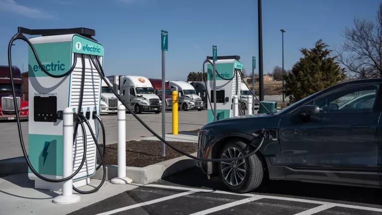 EV charging stations at a rest stop on the Pennsylvania Turnpike in Somerset County, Pennsylvania, on March 22, 2026.