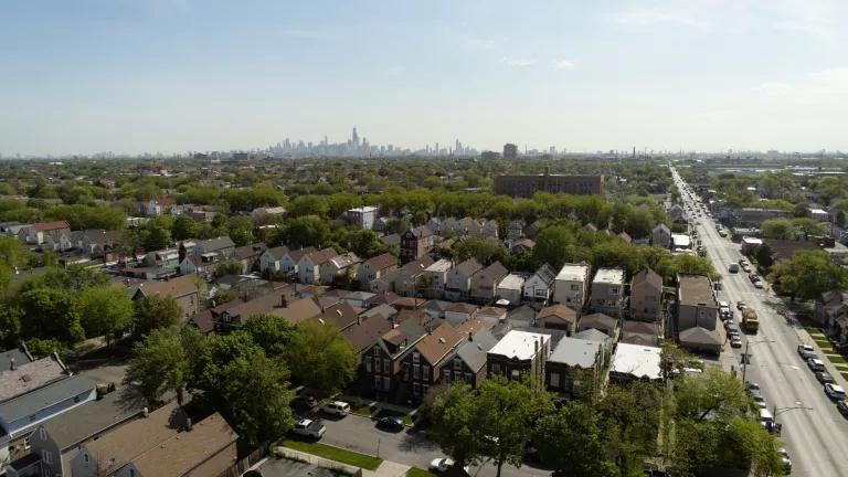 An aerial view of homes and community landmarks including Gary Elementary school and the Cook County Jail and Courthouse, northeast of 31st and Pulaski Rd. in the Little Village neighborhood of Chicago, Illinois, on May 11, 2023.