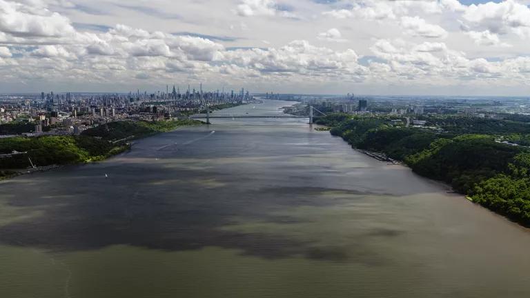 Aerial view of the Hudson River and New York City.
