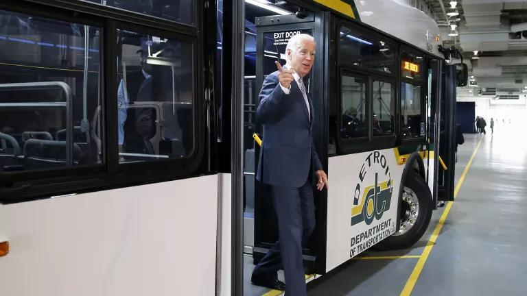 Then-Vice President Joe Biden exits after touring a new bus in Detroit in September 2015.