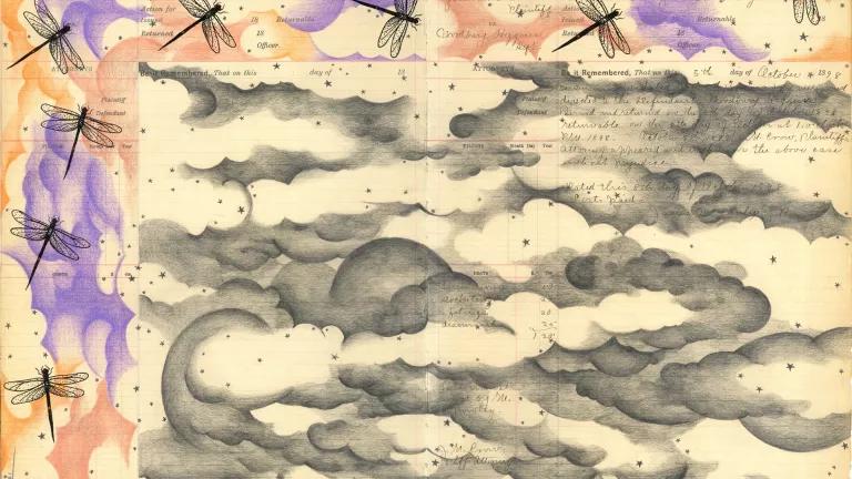 An illustration with gray clouds, and orange and purple clouds with dragonflies on them