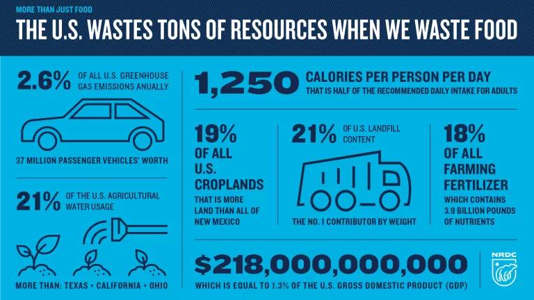 Wasted food wastes resources. 2 percent of US ghgs. 1250 calories per person per day. 19 percent of US cropland. 21 percent of landfill content. 18 percent of farming fertilizers. 21 percent of ag water. 218 billion dollars.