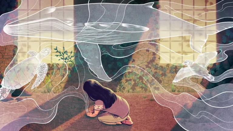 An illustration depicts a girl sitting on the floor with smoke rising above her in the shapes of a turtle, whale, and bird