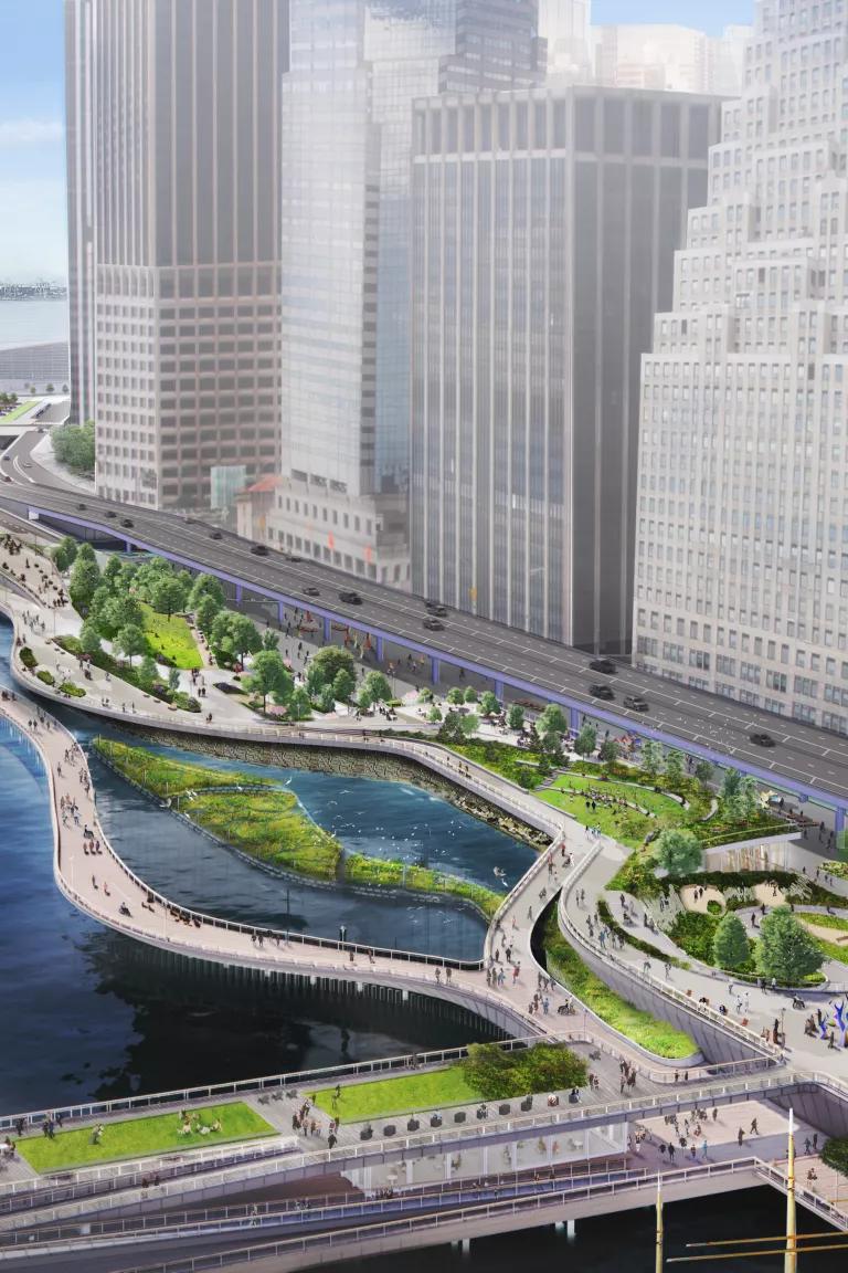 New York City, which is increasingly vulnerable to flooding due to climate change, developed the Financial District and Seaport Climate Resilience Plan—a project partially funded by the Building Resilient Infrastructure and Communities (BRIC) program—to protect Lower Manhattan from severe coastal storms and rising sea levels.

The plan features a multilevel waterfront that extends the shoreline of the East River by up to 200 feet from its existing location. 

The upper level will be elevated by about 15