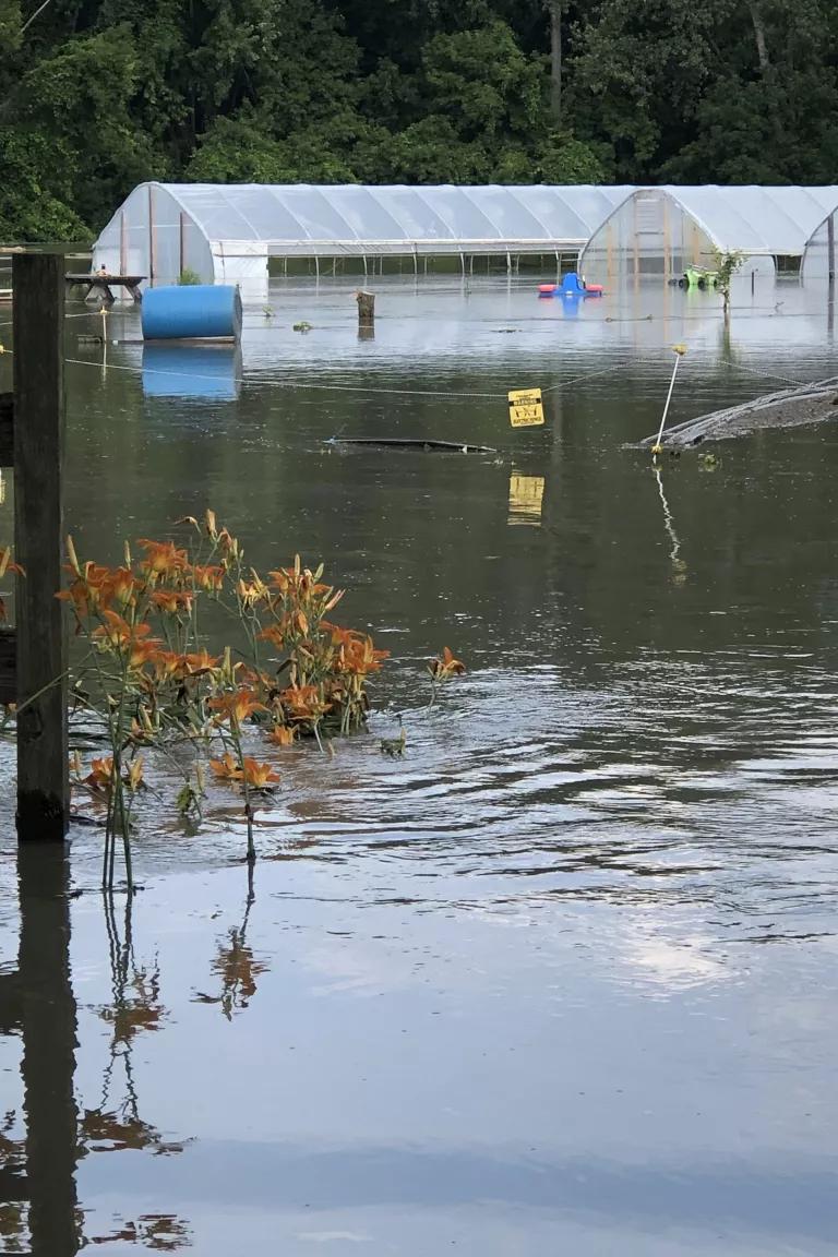 Flooding on the 25-acre Intervale Community Farm located in Burlington, Vermont, in 2023.