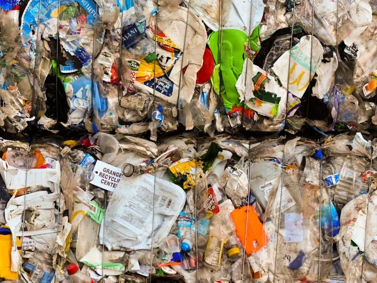 Compressed plastic bound in bales at Granger Recycling Center in Lansing, Michigan