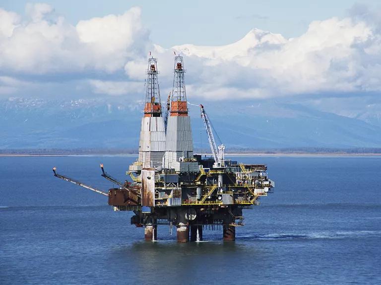An offshore oil drilling platform in Cook Inlet, Alaska