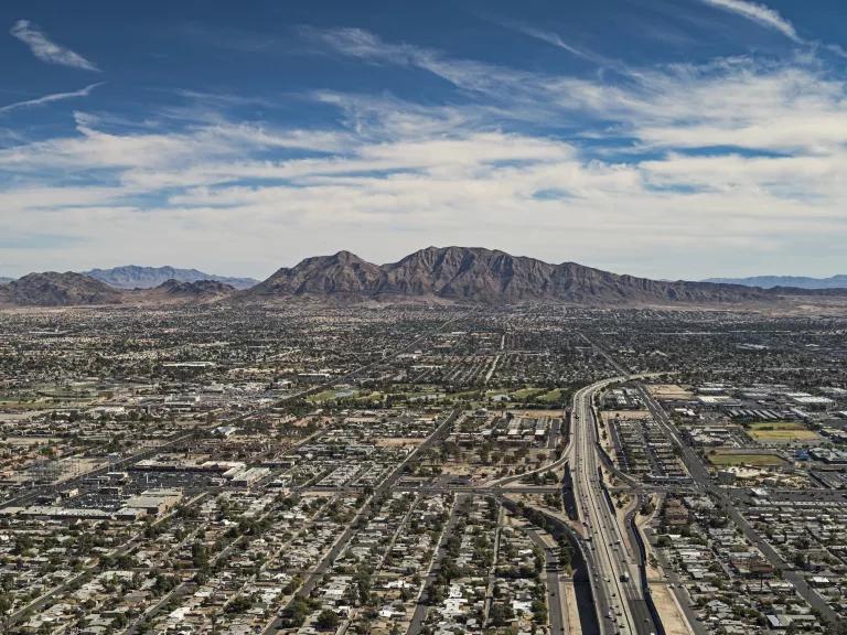 An aerial view of residential neighborhoods in east Las Vegas, Nevada.
