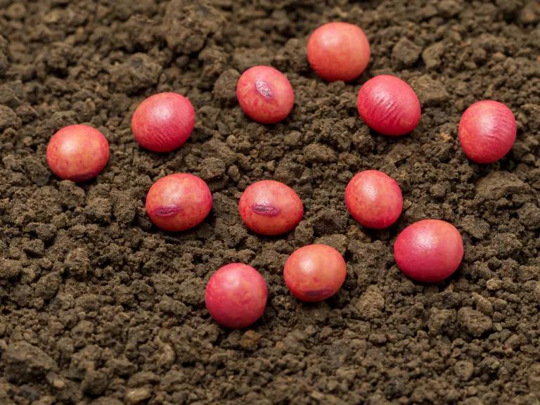 Pesticide-treated soybean seeds resting on soil.