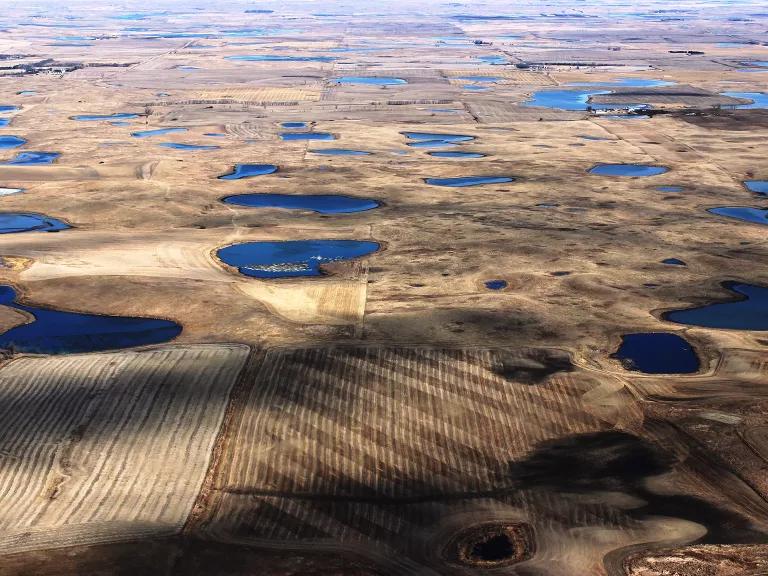 An aerial view of wetlands and farm fields in the prairie pothole region of North Dakota