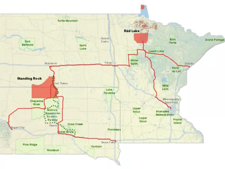 A map of Standing Rock and Red Lake with red lines indicating a charging network