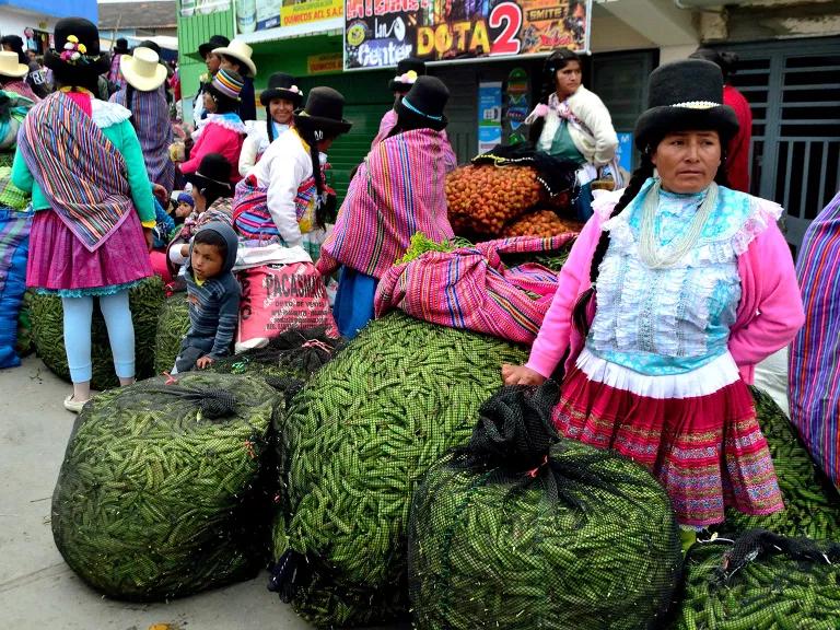 Indigenous Quechua women wearing colorful skirts and wraps stand among large net bags of sugar snap peas at a market in rural Peru