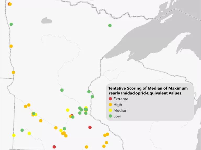 Map of Minnesota showing areas of pesticide contamination