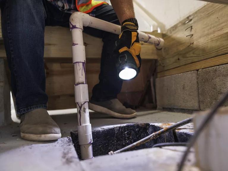 A man's hand holding a flashlight over a pipe into a hole which leads below the floor in a basement