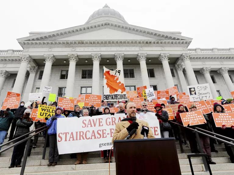 Protesters gathered on the south steps of the capitol building in Salt Lake City, Utah, to oppose legislation that would negatively impact Grand Staircase-Escalante, 2017