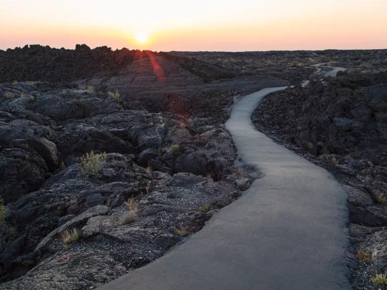 Sunrise at the Caves Area Trailhead in Craters of the Moon National Monument and Preserve, Idaho.