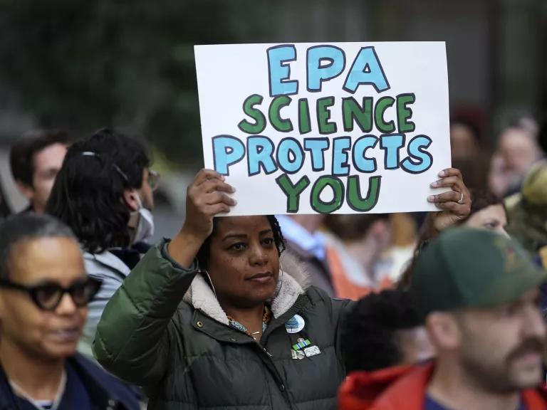 Environmental Protection Agency (EPA) employees and supporters take part in a march against actions by the Trump administration to cut funding and staff at the agency in Philadelphia, Pennsylvania, on March 25, 2025.