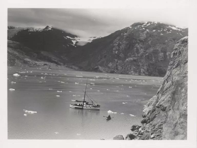 Johns Hopkins Inlet and Jones Glacier (background) in Glacier Bay National Monument, The Territory of Alaska, on August 5, 1940.

Glacier Bay was later designated a National Park and Preserve in 1980. Alaska was designated a state in 1959.
