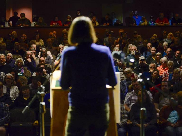 Vermont Representative At-Large, Becca Balint, hosts a town hall meeting at the Bellows Falls Opera House in Vermont on April 14, 2025, to address questions from local residents.