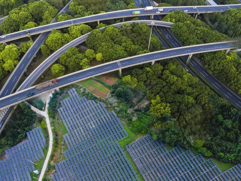 A solar farm beneath a highway in Shanghai, China.