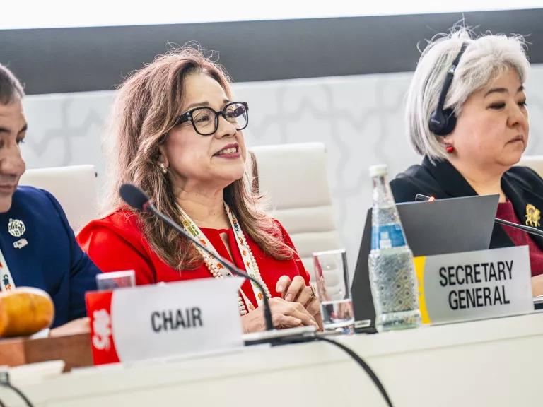 CITES Secretary General Ivonne Higuero making her closing remarks on the final day of the twentieth meeting of the Conference of the Parties to the Convention on International Trade in Endangered Species of Wild Fauna and Flora (CITES CoP20) in Samarkand, Uzbekistan, on December 5, 2025.