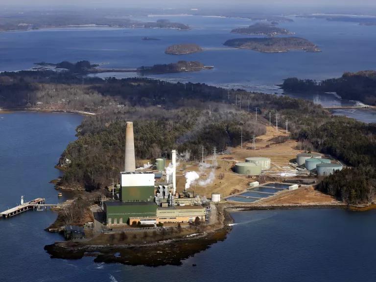 An aerial view of the oil-fired Wyman Power Station on Cousins Island in Yarmouth, Maine.