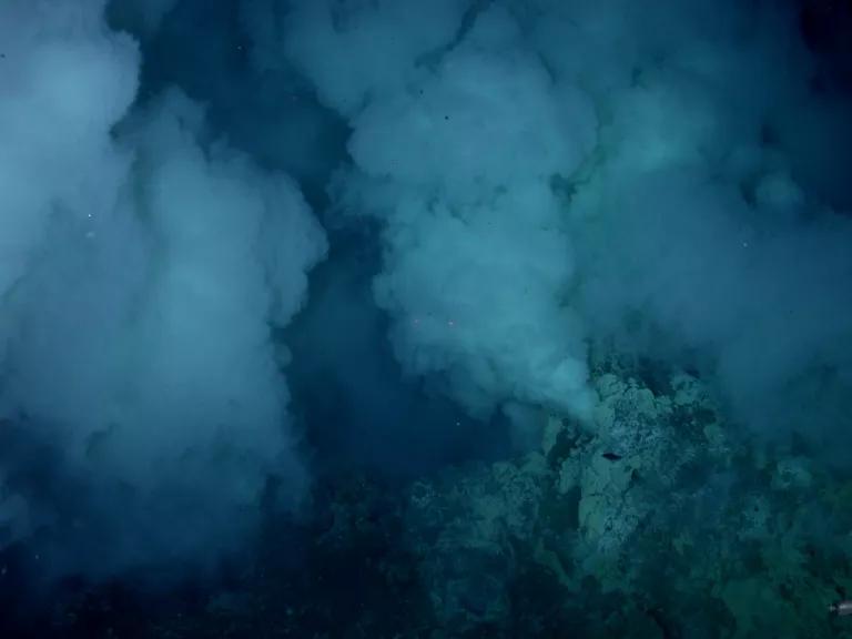 Hydrothermal vents spewing white clouds of hydrothermal fluids in a sulfur-encrusted area in the Mariana Trench, Pacific Ocean, on May 8, 2026.