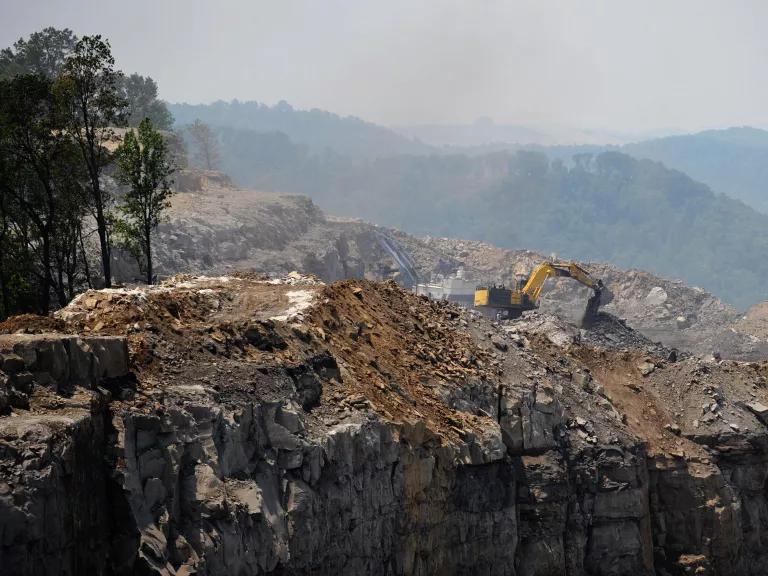 Heavy machinery working at a mountaintop removal coal mine on Kayford Mountain in West Virginia.