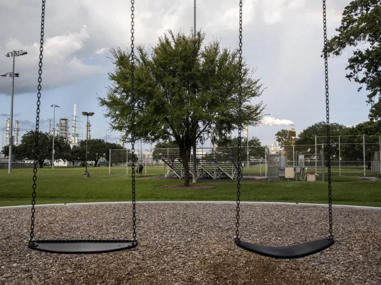 A children's playground at Hartman Park in the Harrisburg/Manchester neighborhood, a majority Latine fenceline community located beside the Valero Houston Refinery and the Houston Ship Channel in Houston, Texas.