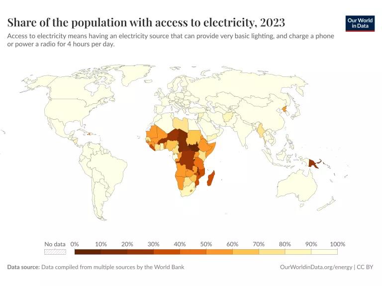 A map showing the share of the global population with access to electricity in 2023.