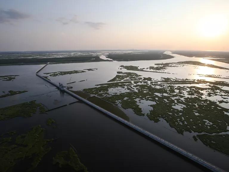 The $1.1 billion Lake Borgne Surge Barrier in New Orleans, Louisiana, on August 24, 2015. The massive structure was built by the Army Corps of Engineers along with other reinforcements to defend the city against future hurricanes and has been dubbed by some as the 'Great Wall' of New Orleans.