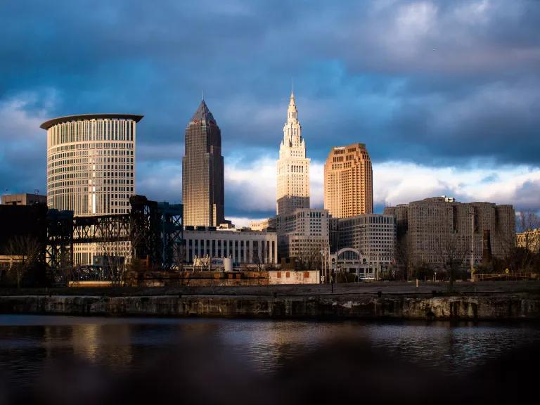 The skyline of downtown Cleveland, Ohio, in January 2019.