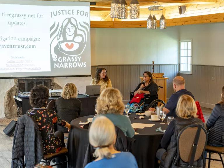 Judy Da Silva, an Elder, activist, and community leader in Grassy Narrows First Nation, speaks to guests from NRDC's boreal forest excursion at Old Fort William Historical Park in Thunder Bay, Ontario, Canada, on September 13, 2025.
