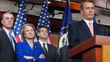 A press conference featuring John Boehner and other Republican leaders.