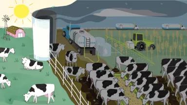 An illustration of cows in a pasture, the sky partially gray from pollution caused by dairy farming