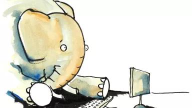Cartoon elephant at a computer. 