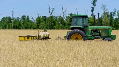 Farmer Steve Fox planting field corn into a stand of cereal rye cover crops on his farm in Freedom, Indiana, on May 12, 2022.