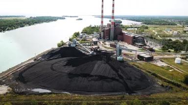 An aerial view of the coal-fired DTE Energy Trenton Channel Power Plant (TCHPP) in Trenton, Michigan, in September 2020.