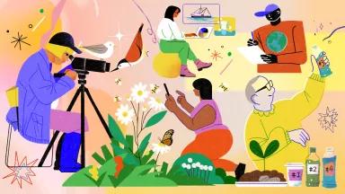 An illustration shows people using a telescope, taking a photo of a bee on a flower, and working on a laptop