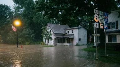 A two-story white house in a wooded area is surrounded by a floodwaters. It is dusk and the light from a streetlight reflects off of the flooded road. Part of a second home is visible on the edge of the image.