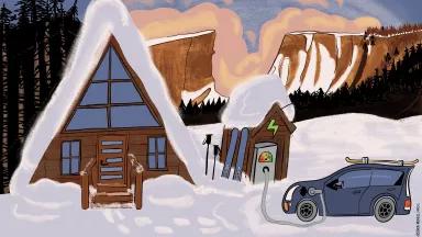 An illustration of an electric car charging next to a mountain home covered in snow