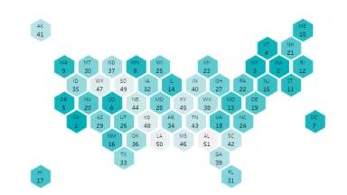 A graphical map of the United States with states represented by hexagon in various shades of turquoise