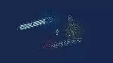 An illustration of a whale surrounded by three ships and showing the reach of each ship's radar